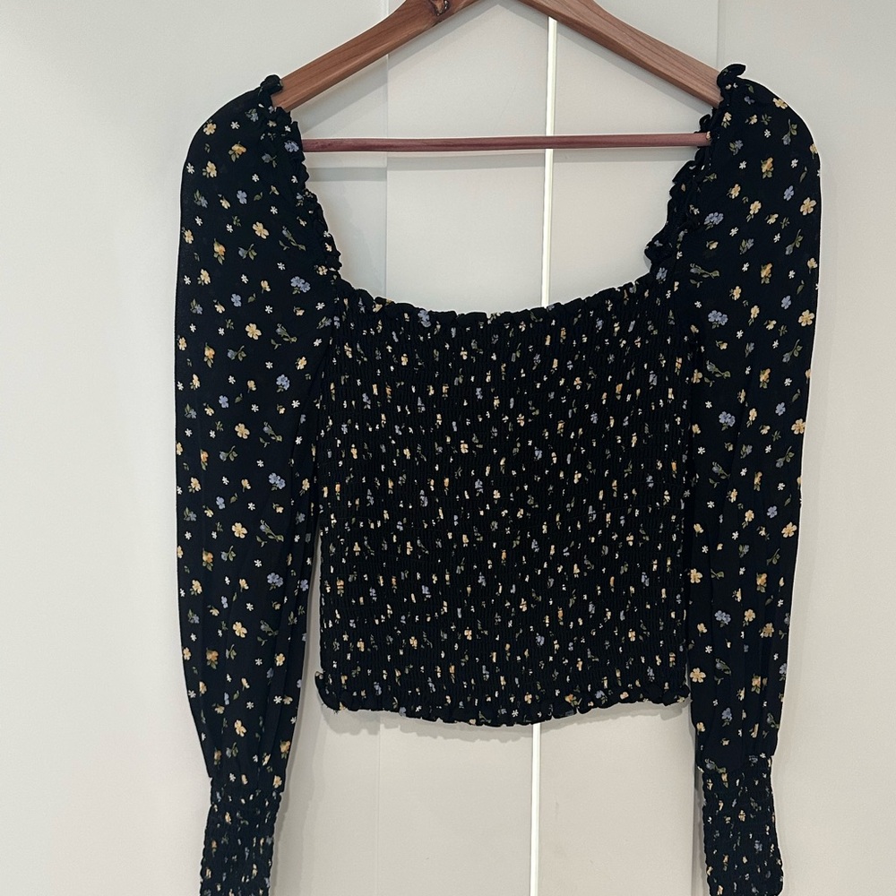 Reformation Black and White Puff Sleeve Smocked Blouse